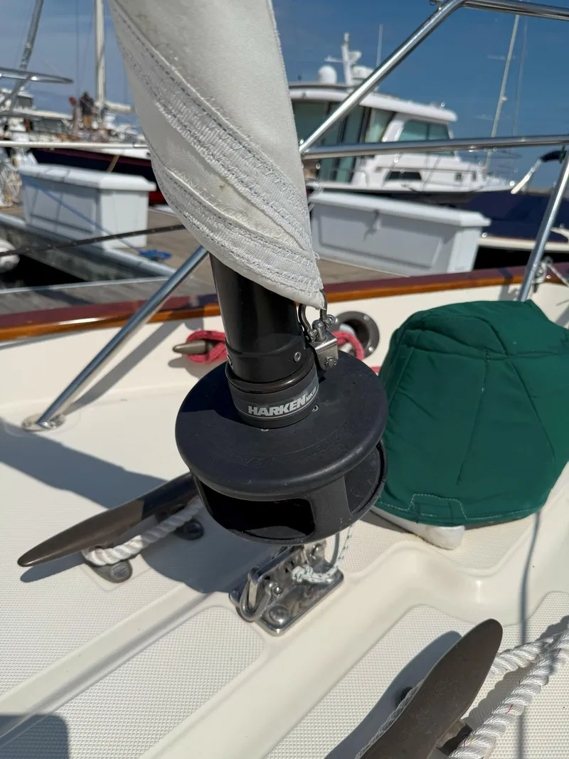 Slide: The Image of Close-up of a Harken sail furling system on a 1993 Pacific Seacraft Crealock 34 yacht. - 34