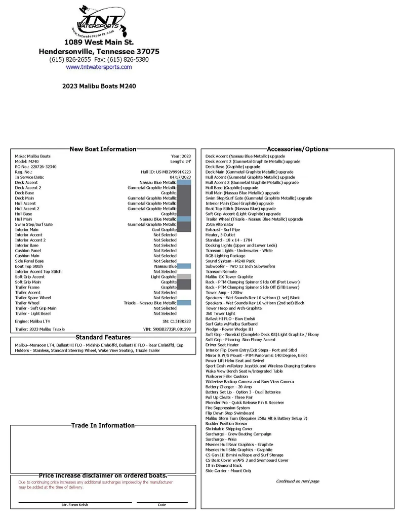 Slide: The Image of 2023 Malibu M240 boat specifications and features list from TNT Watersports, Hendersonville, Tennessee. - 8
