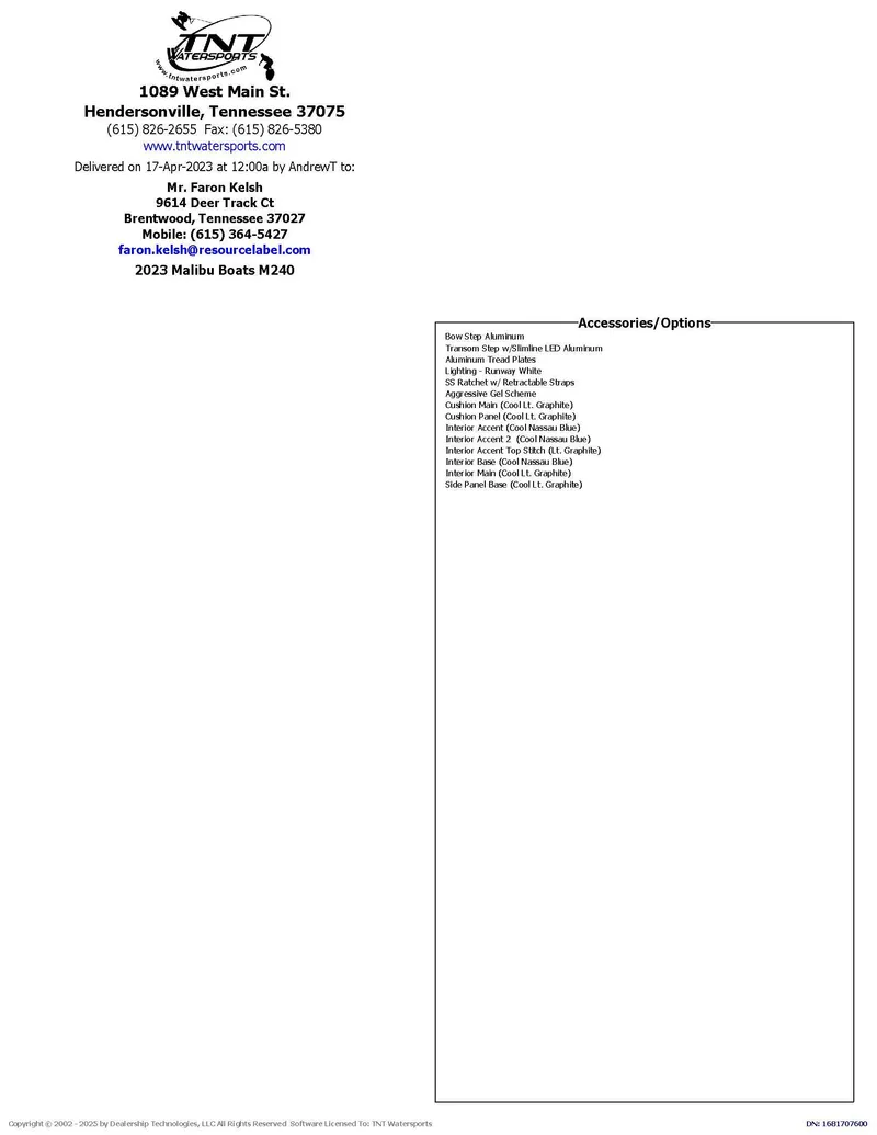 Slide: The Image of Invoice for 2023 Malibu M240 boat with accessories and options listed. - 9