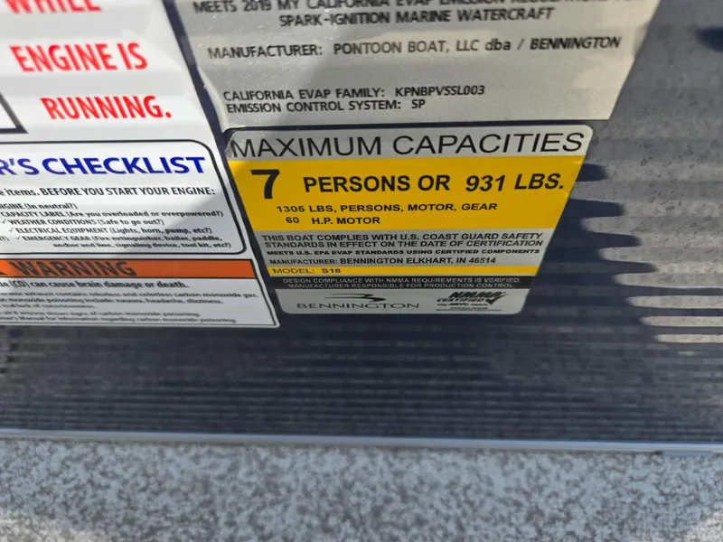 Slide: The Image of 2019 Bennington 188 SFV capacity label: 7 persons or 931 lbs, 60 HP motor. - 13