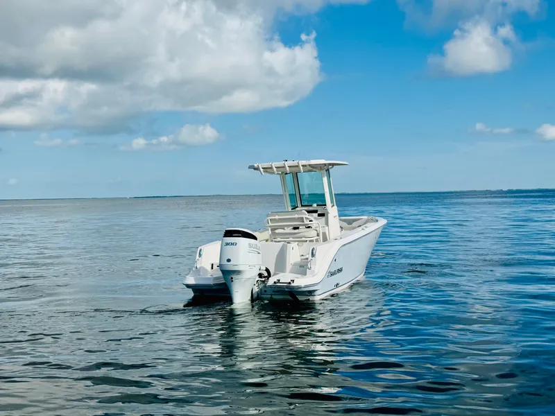Slide: The Image of 2026 Sailfish 232 CC boat on calm ocean waters under a partly cloudy sky. - 5