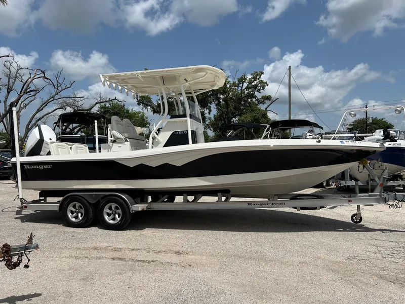 Slide: The Image of 2015 Ranger 2510 Bay boat on trailer under cloudy sky. - 5