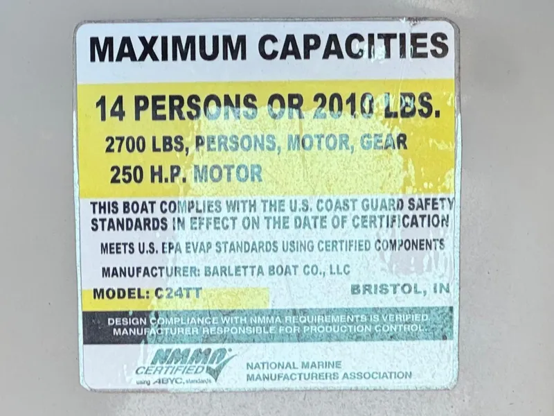Slide: The Image of 2023 Barletta Cabrio 24UC capacity label: 14 persons, 2010 lbs, 250 HP motor. - 31