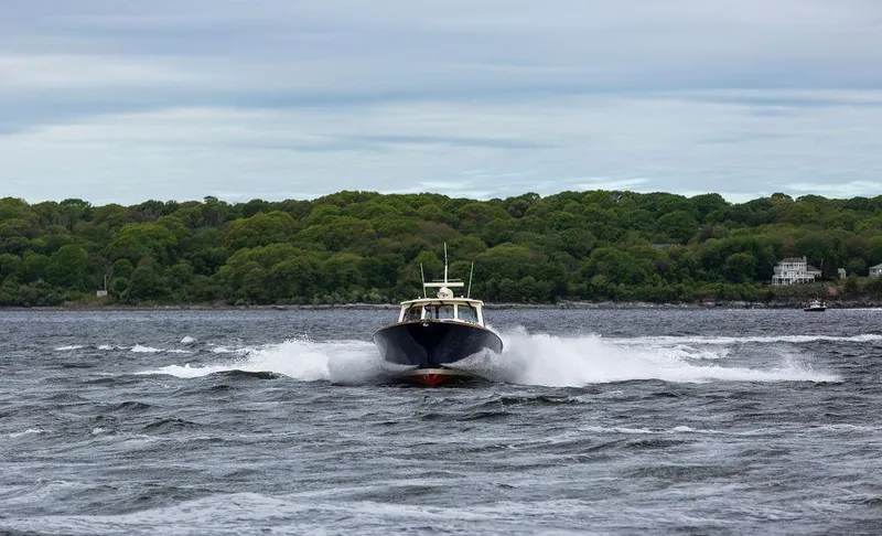 Slide: The Image of 2007 Hinckley Talaria 44 MY cruising on a lake with lush green shoreline. - 32