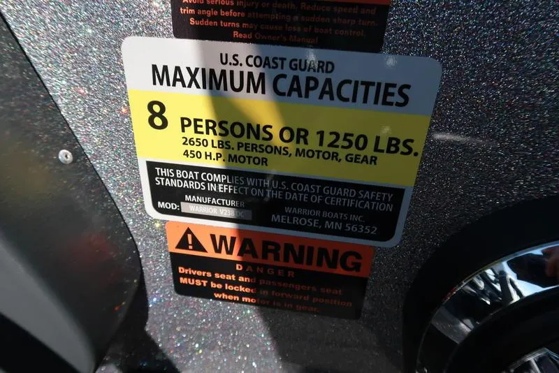 Slide: The Image of 2024 Warrior 238 DC capacity label: 8 persons, 1250 lbs, 450 HP motor. - 25