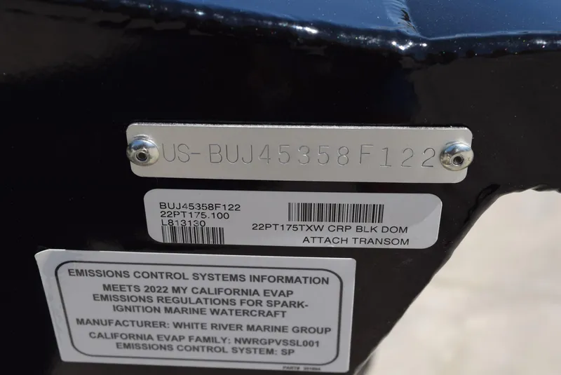 Slide: The Image of 2022 Tracker Pro Team 175 TXW transom with emissions control information plate. - 7