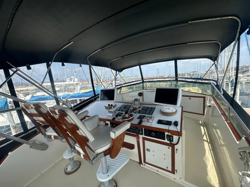 Slide: The Image of 1986 Egg Harbor SPORT FISHER helm with dual seats and navigation equipment. - 18