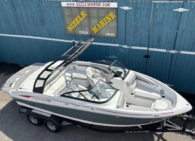 Slide: The Image of 2021 Tahoe 700 boat on trailer, displayed at Sizzle Marine, Ohio. - 7