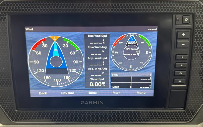 Slide: The Image of Garmin marine display showing wind speed and direction on a 2020 Manitou 23 Oasis RF. - 21