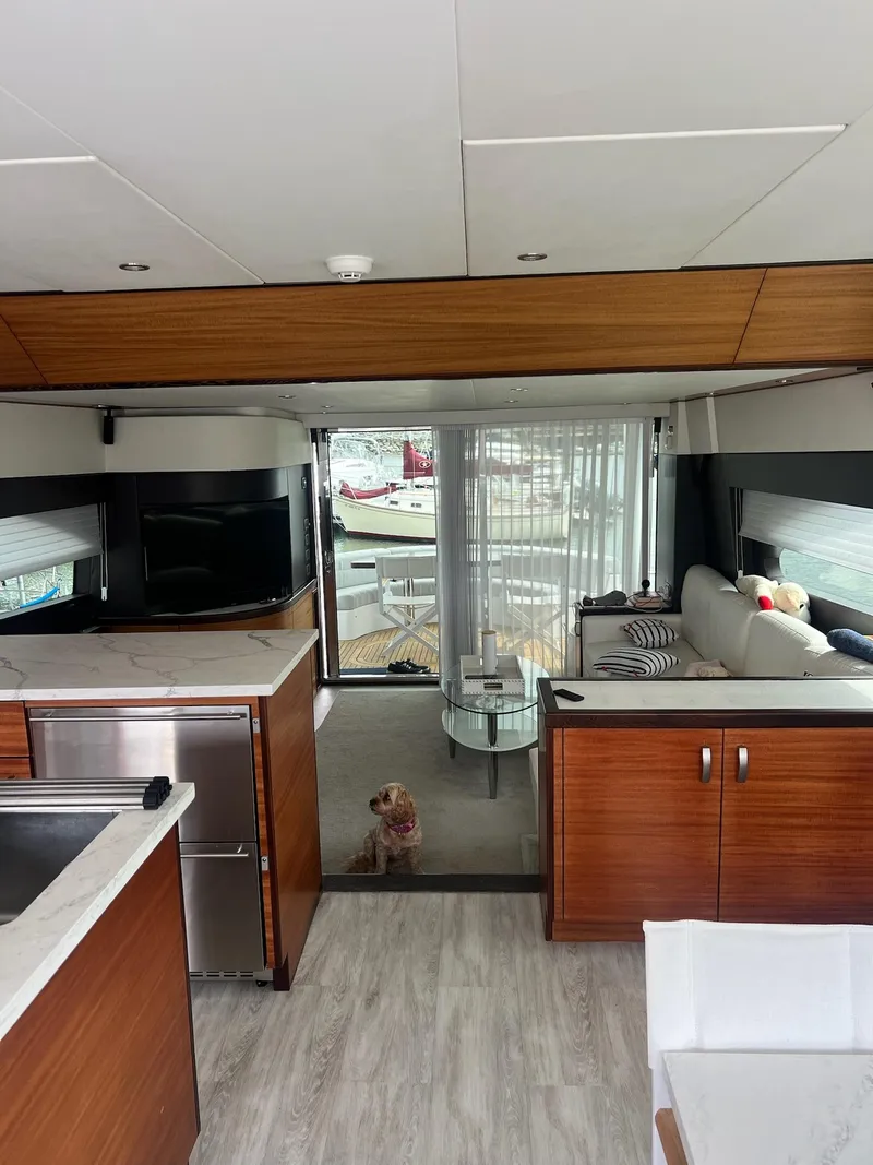 Slide: The Image of Interior of 2011 Hatteras 60 Motor Yacht with modern furnishings and a small dog. - 5