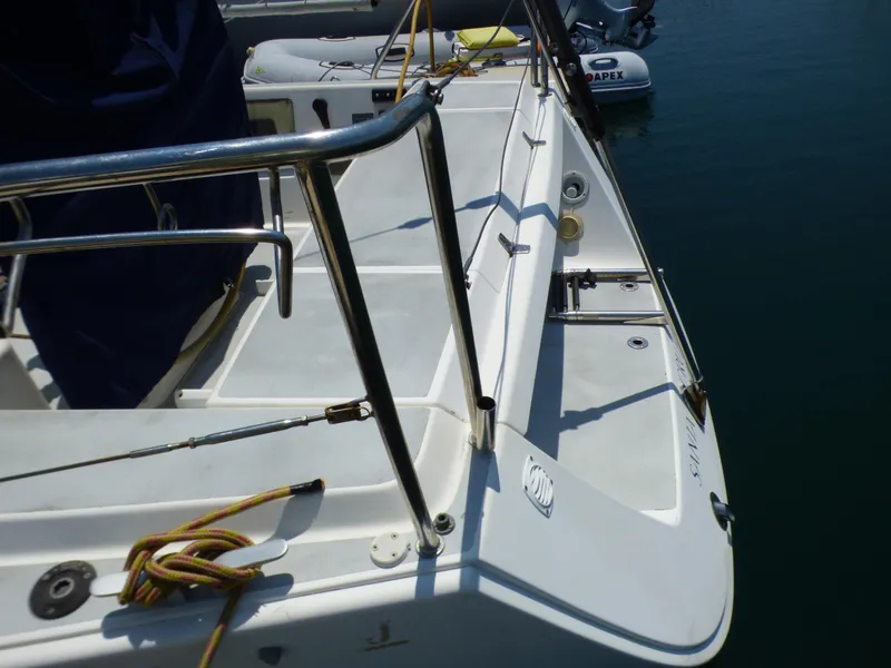 Slide: The Image of Deck view of a 2002 J Boats J/109 sailboat, featuring clean lines and mooring equipment. - 35