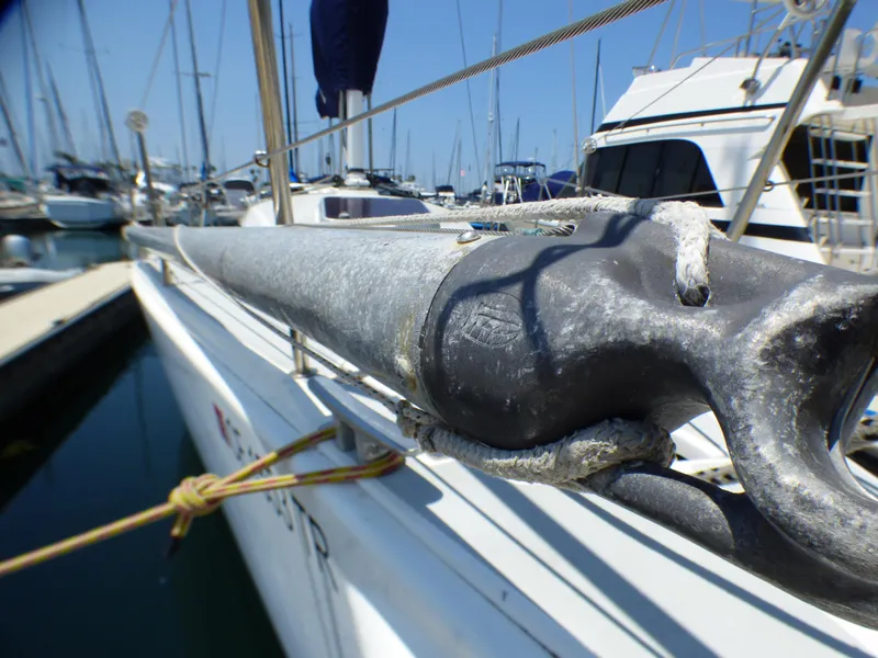 Slide: The Image of Close-up of a 2002 J Boats J/109 sailboat mast in a marina. - 39