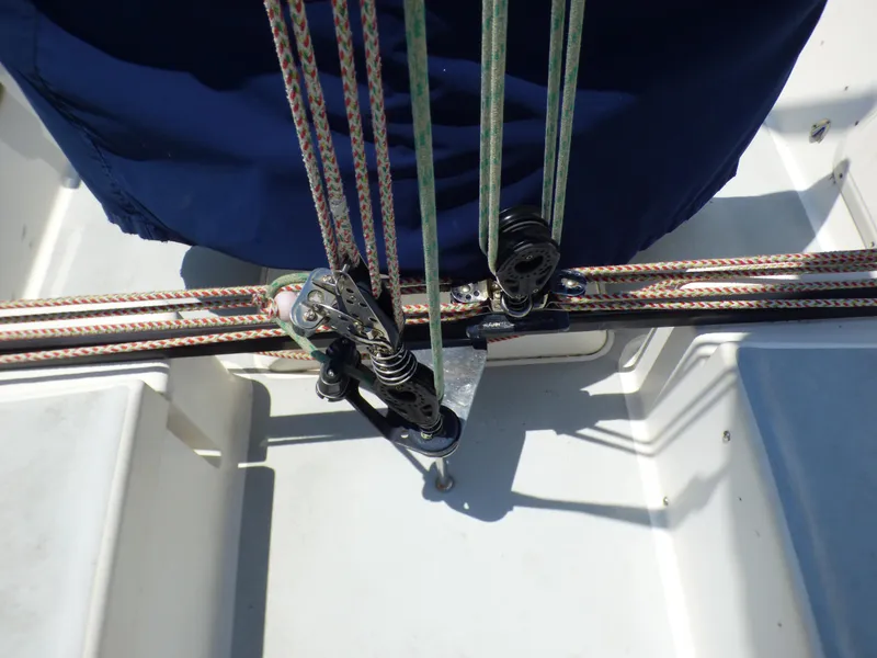 Slide: The Image of Close-up of J/109 sailboat rigging and pulleys, 2002 model by J Boats. - 40