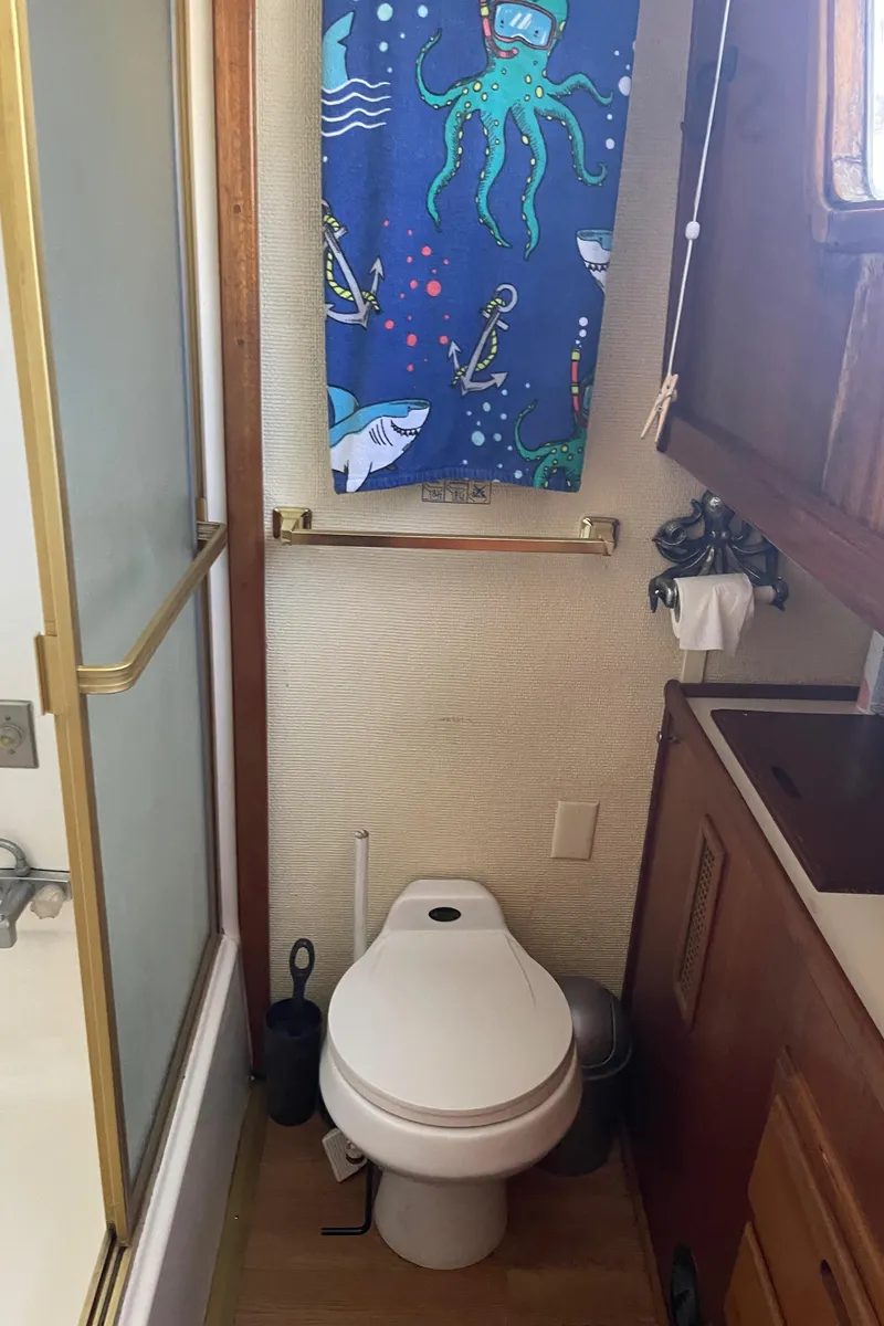 Slide: The Image of 1978 Californian Tri-Cabin Trawler bathroom with nautical-themed decor and compact amenities. - 27