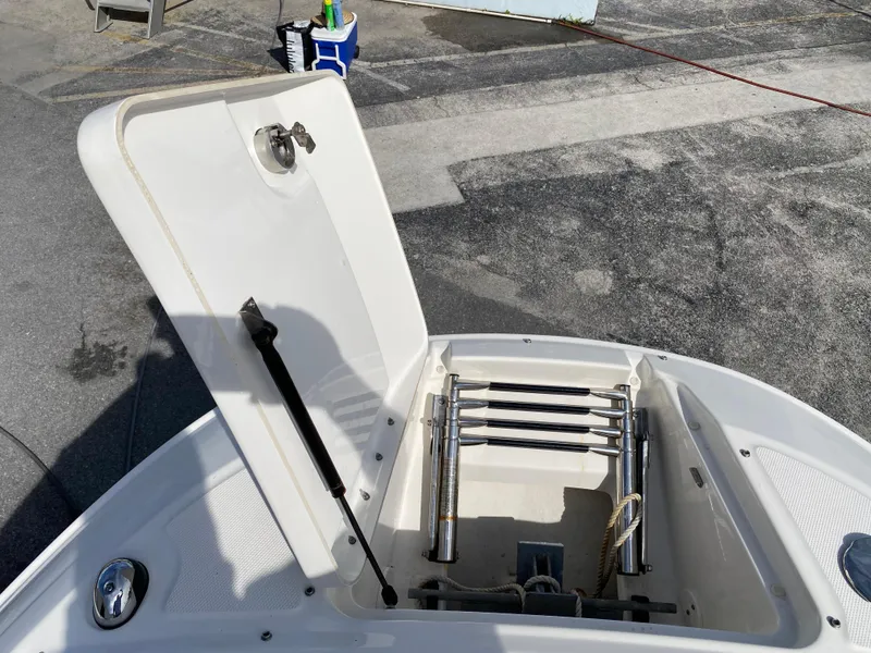 Slide: The Image of Open hatch on 2015 Sea Ray 240 Sundeck boat, revealing a retractable ladder. - 12