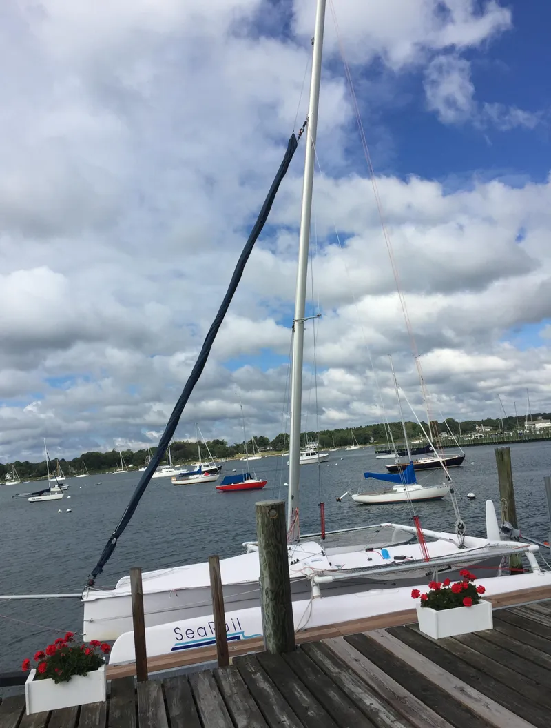Slide: The Image of 2014 Trimaran SeaRail 19 docked by a wooden pier, surrounded by sailboats under a cloudy sky. - 5