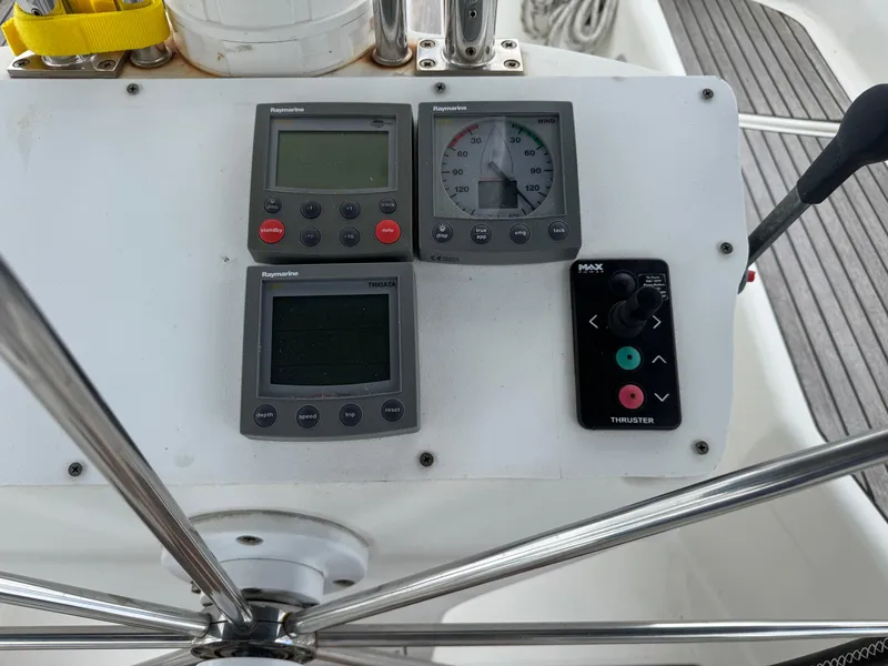 Slide: The Image of Control panel of a 1997 Beneteau Oceanis 461 sailboat with navigation instruments. - 29