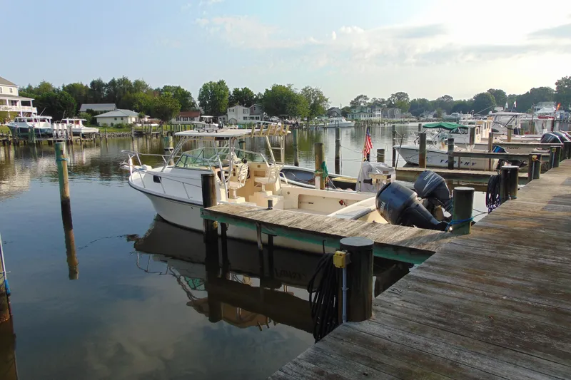 Slide: The Image of 2004 Parker Walkaround boat docked at a serene marina with surrounding houses. - 10