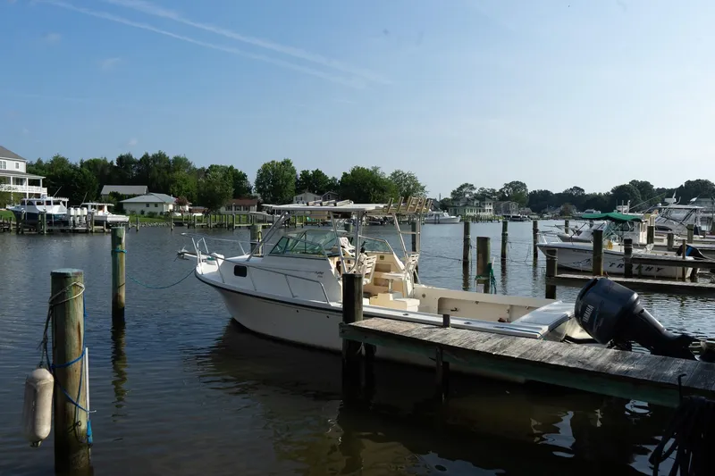 Slide: The Image of 2004 Parker Walkaround boat docked in a serene marina setting. - 20