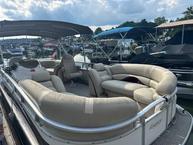 Slide: The Image of 2008 Sun Tracker PARTY BARGE 25 Regency Edition with spacious seating at a marina. - 7