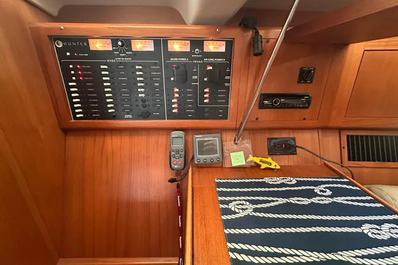 Slide: The Image of Control panel of a 2002 Hunter 410 sailboat with navigation and electrical systems. - 25