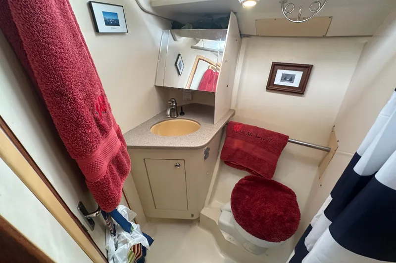 Slide: The Image of Compact bathroom in a 2002 Hunter 410 boat with red towels and framed artwork. - 39