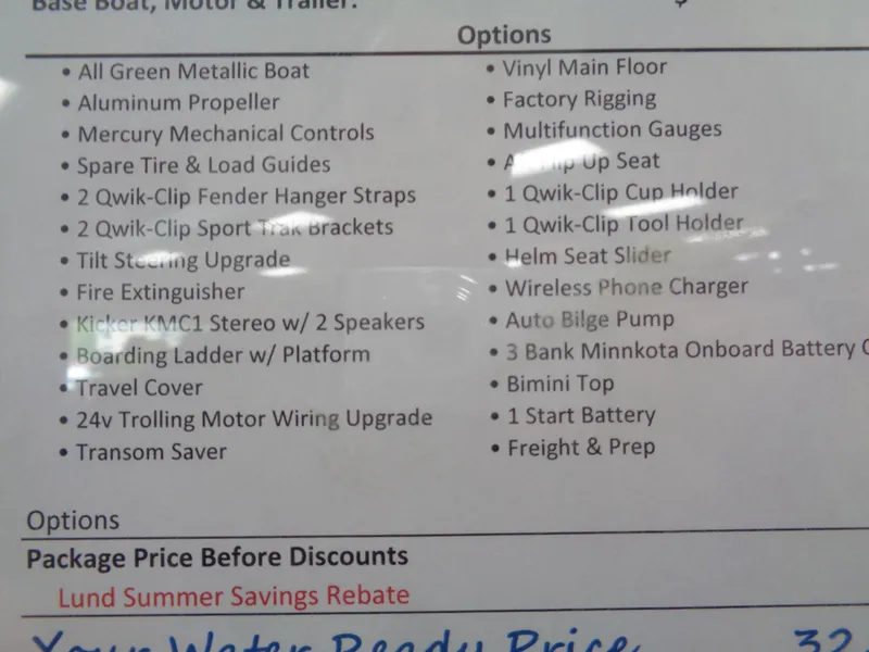 Slide: The Image of 2025 Lund 1650 Rebel XL SS features and options list, including upgrades and accessories. - 21