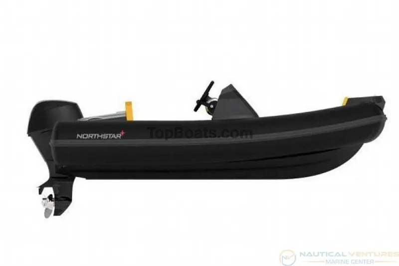 Slide: The Image of 2022 Northstar Axs 3.1 inflatable boat, side view, black color, with outboard motor. - 8