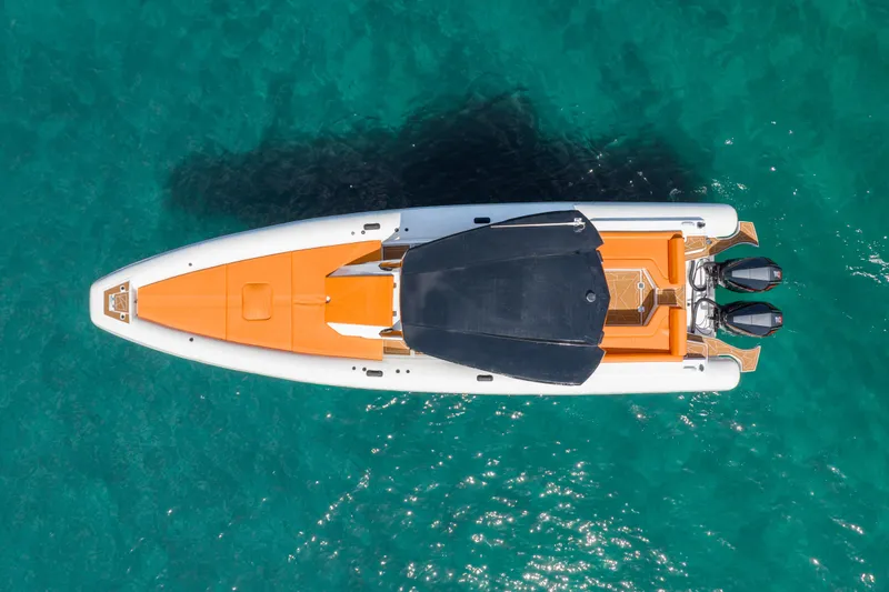 Slide: The Image of Top view of 2026 Novielli Veloche 349 boat on turquoise water. - 7