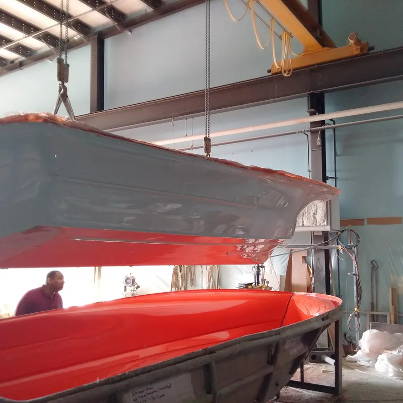 Slide: The Image of 2025 Chaos 21 Tarpon Bay boat hull in manufacturing facility. - 16