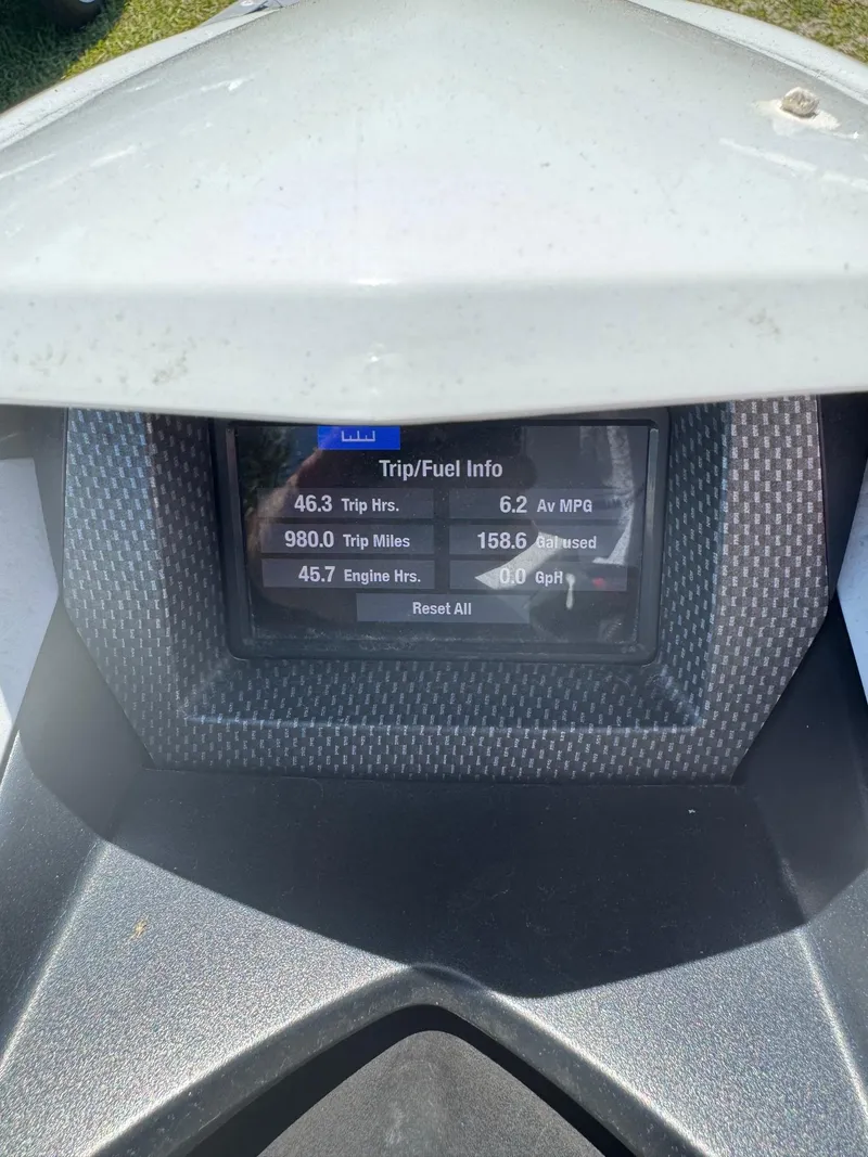 Slide: The Image of 2021 Yamaha WaveRunner GP1800R HO dashboard displaying trip and fuel information. - 12