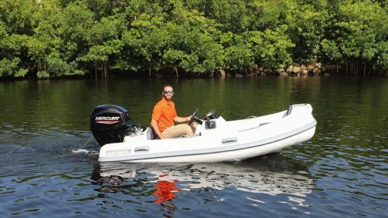 The Image of 2022 Northstar Axis 3.4 boat with Mercury engine on calm water, surrounded by greenery. - 0