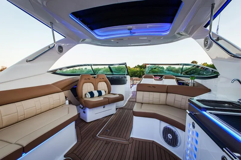 Slide: The Image of Manufacturer Provided Image: 2019 Sea Ray SLX 350 boat interior with luxurious seating and modern amenities. - 10