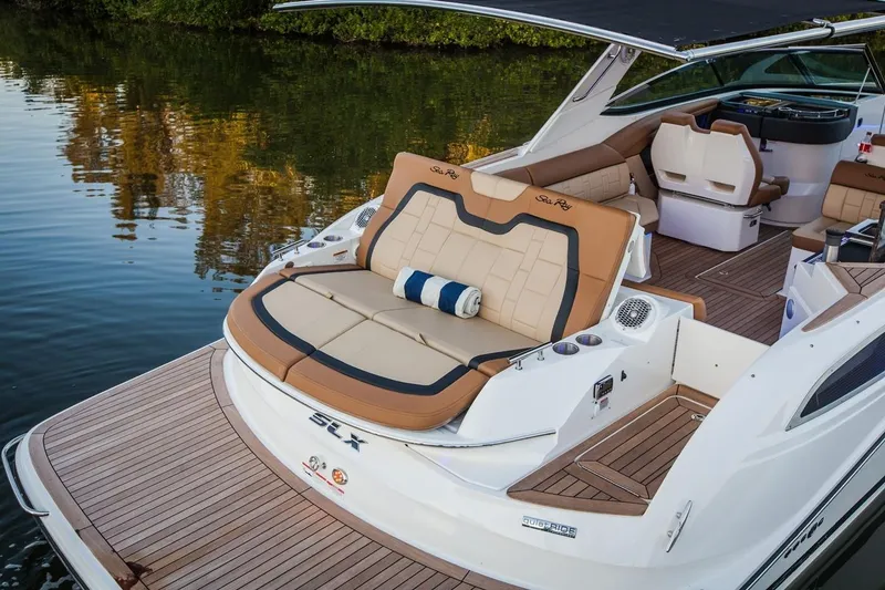 Slide: The Image of Manufacturer Provided Image: 2019 Sea Ray SLX 350 luxury boat with spacious sun deck and elegant interior. - 16
