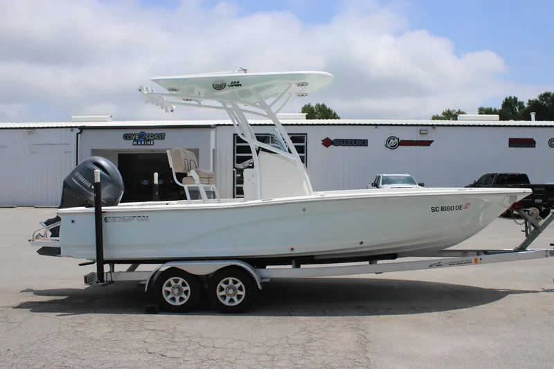 Slide: The Image of 2017 Sea Fox 220 Viper boat on trailer at Cove 2 Coast Marine dealership. - 2