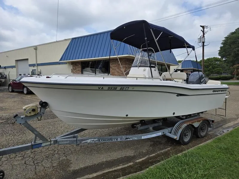 Slide: The Image of 2002 Grady-White 209 ESCAPE boat on trailer, parked outside a building. - 6