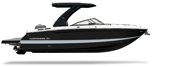 The Image of 2025 Chaparral 2870 boat, sleek black and white design, side view. - 0