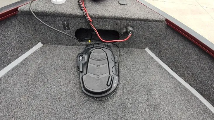 Slide: The Image of 2023 Lowe FM 1775 boat deck with trolling motor foot pedal. - 9