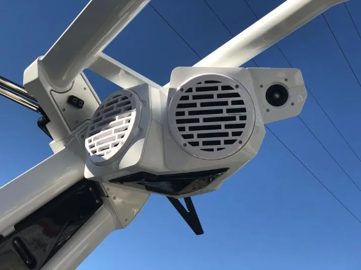 Slide: The Image of 2022 Centurion Ri 230 boat speakers against clear blue sky. - 16