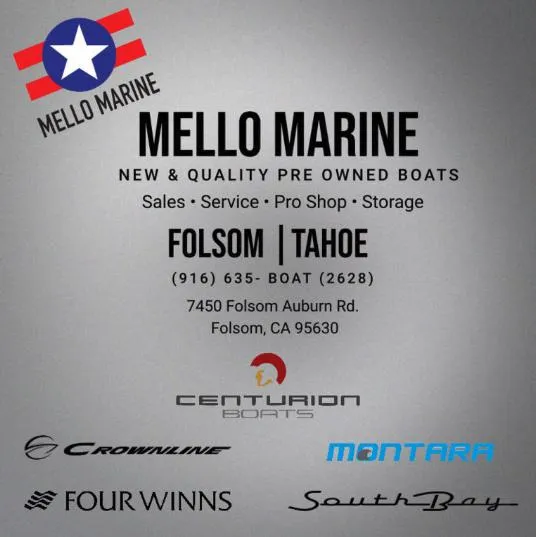 Slide: The Image of Mello Marine advertisement featuring Centurion Ri 230, sales and services in Folsom and Tahoe. - 35