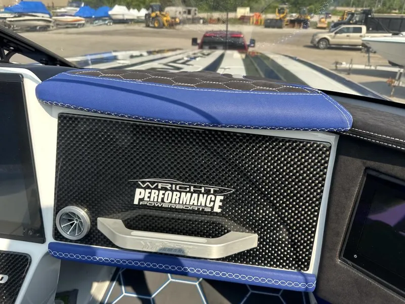 Slide: The Image of Dashboard of 2018 Wright Performance 420 powerboat with carbon fiber detailing. - 15