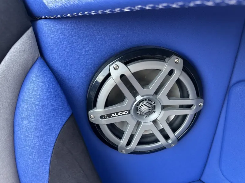 Slide: The Image of JL Audio speaker in blue interior of 2018 Wright Performance 420 boat. - 21