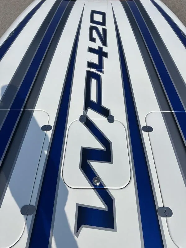 Slide: The Image of Wright Performance 420 boat deck, blue and white design, 2018 model. - 27