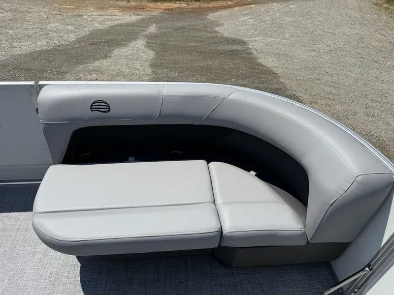 Slide: The Image of 2026 Sun Tracker PARTY BARGE® 16 DLX pontoon boat with gray cushioned seating. - 3