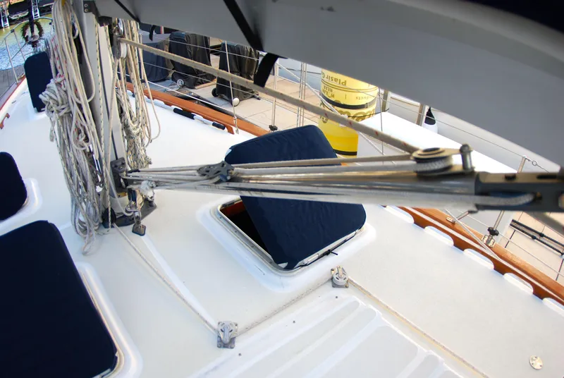 Slide: The Image of Deck view of 1985 Endeavour 38 sailboat with rigging and open hatch. - 15