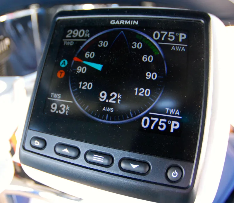 Slide: The Image of Garmin marine instrument display showing wind speed and direction on Endeavour 38, 1985 model. - 22