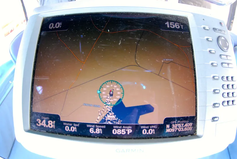Slide: The Image of Garmin GPS display on 1985 Endeavour 38 sailboat showing navigation and wind data. - 23