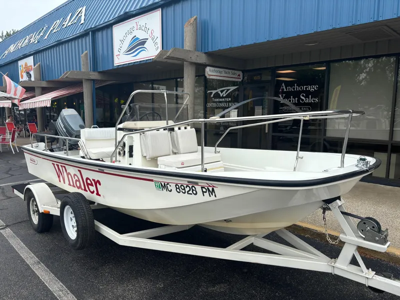 Slide: The Image of 1993 Boston Whaler 17 Montauk boat on trailer outside Anchorage Yacht Sales. - 2