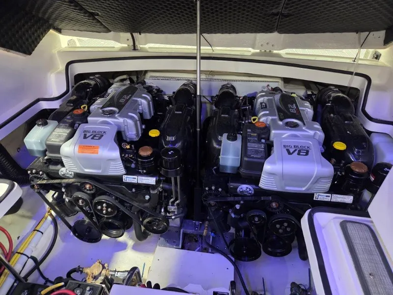 Slide: The Image of Twin V8 engines in a 2022 Chaparral 347 SSX boat engine compartment. - 37