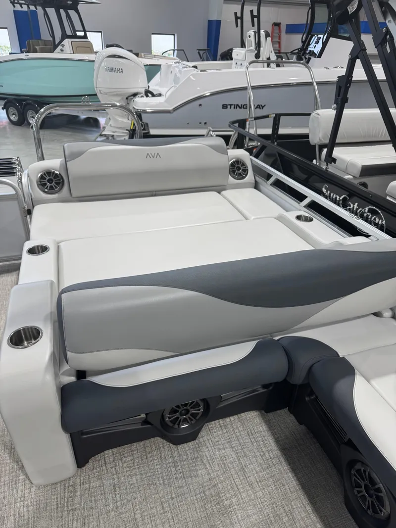 Slide: The Image of 2025 Avalon 2385 25 LSZ VRL boat interior with sleek seating and modern design. - 9